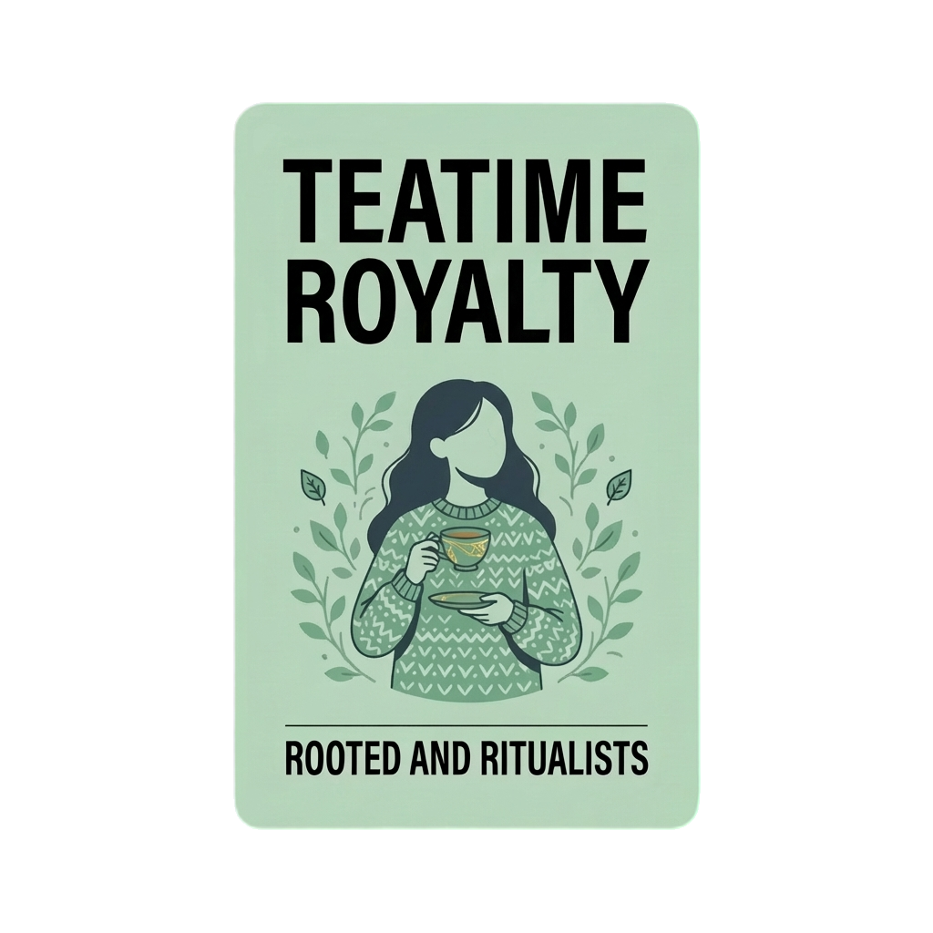 Teatime Royalty vibe card – tea lover gifts for the person with vintage teacups, heirloom biscuits, and afternoon elegance always