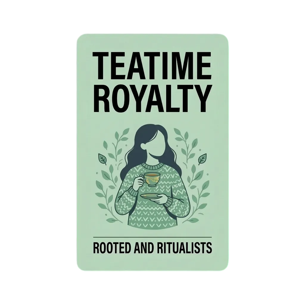 Teatime Royalty vibe card – tea lover gifts for the person with vintage teacups, heirloom biscuits, and afternoon elegance always